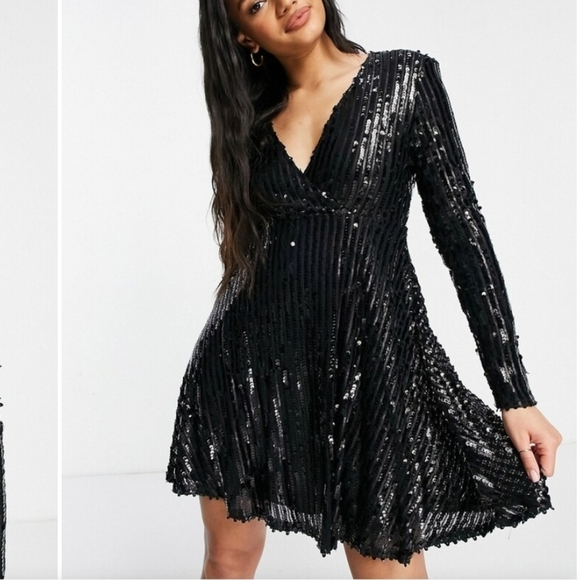 Club L London wrap front sequin skater dress in black | Size 2 (XS) - Picture 2 of 14